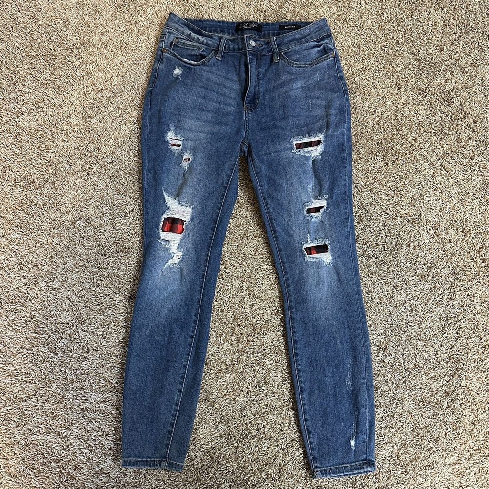 Judy Blue Jeans Womens 11/30 Skinny Fit Blue Distressed Red Plaid Underlay Jeans